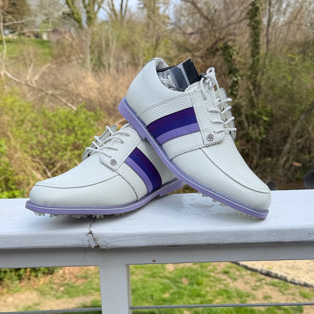G/FORE White Leather Loafers with Purple Stripe Accents